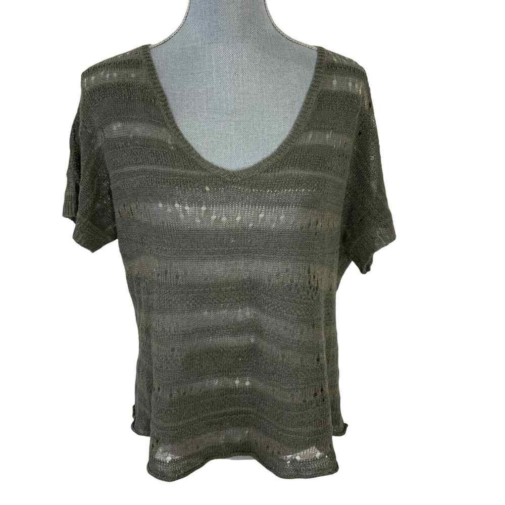 Eileen Fisher Open Knit Sweater Size Medium Green Linen Short Sleeve‎ V-neck - Picture 7 of 14